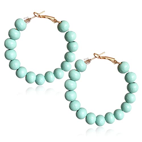 Handmade Nature Wooden Beaded Hoop Earrings Bohemian Minimalist Colorful Circle Round Wood Bead Earrings Vintage Chic Wooden Ethnic Dangle Drop Earrings for Women Statement Jewelry Gifts - color: Blue Green