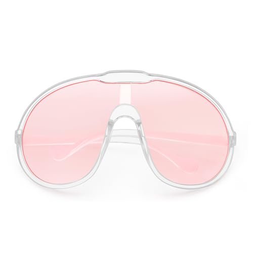Dollger Oversized One Piece Sunglasses For Women Fashion Men Wrap Around UV400 Shield Goggles - color: Transparent Frame Pink Lenses