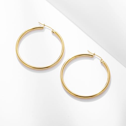 Stainless Steel Hoop Earrings for Women Gold Tone Geometric, Huggie Heart Twisted Minimalist Engraved Designs for Daily Wear - color: Gold_41*40mm