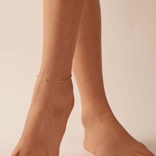 Dainty Ankle Bracelets for Women 18K Gold Plated Satellite Beaded Herringbone Lip Chain Anklets Simple Minimalist Summer Beach Foot Jewelry Christmas Gifts - color: Bead Chain -Gold