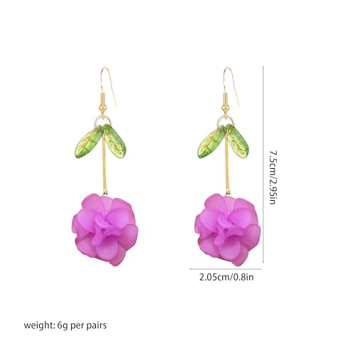 Resin Flower Cluster Ball Dangle Drop Earrings for Women Spring Summer Bohemian Floral Petal with Green Leaf Earrings Vacation Party Jewelry - color: Violet