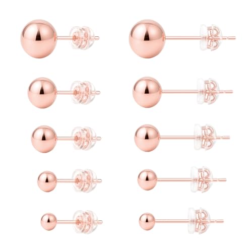 Sterling Silver Earrings for Women: Hypoallergenic 925 Sterling Silver Round Ball Stud Earrings for Women Multiple Piercing 5 Pairs Tiny Stud Earrings 2mm 3mm 4mm 5mm 6mm - style: Rose gold stud earrings