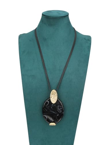 GelConnie Leather Necklace for Women Large Pendant Long Brown Necklace Circle Leather Choker Vintage Sweater Necklace Gold Chunky Boho Necklaces for Women - style: Black Large Gold Necklace