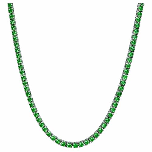 Savlano 18K Gold Plated Cubic Zirconia Round 4.5MM Classic Tennis 18 Inches Chain Necklace For Women & Men Comes With a Gift Box - color: White Gold-Green CZ