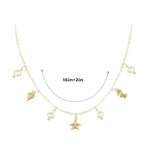 Seashell Starfish Necklace for Women Conch Shell Summer Pearl Beach 14k Gold Layered Dainty Choker - style: Conch Pearl