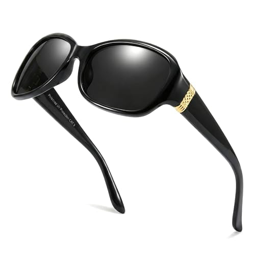 LVIOE Trendy Sunglasses for Women, Polarized Chic Wrap Around Sun Glasses UV400 Protection - color: A2 Black Frame/Grey