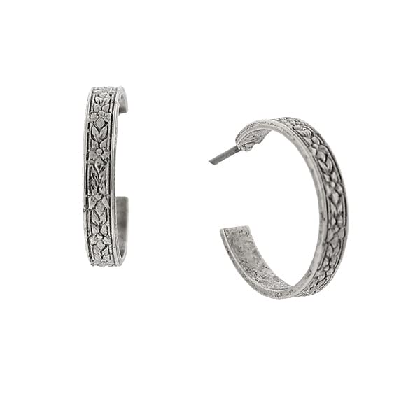 1928 Jewelry Tiny Etched Floral Hoop Earrings - color: Silver