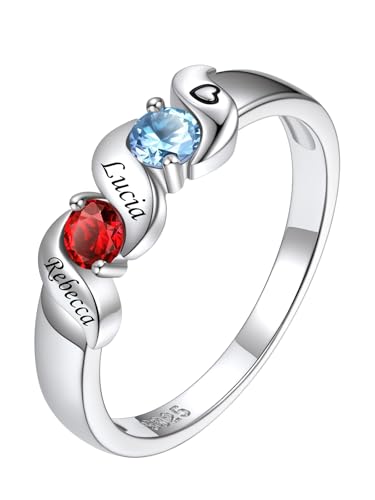 Custom4U Personalized Mothers Ring with 1-5 Birthstones Names Engraved 925 Sterling Silver/14K White Gold Plated Birthstone Rings for Women Promise Ring Birthday Jewelry Gifts for Mom Grandmother Wife - color: 2 Birthstones Ring (Engraved)