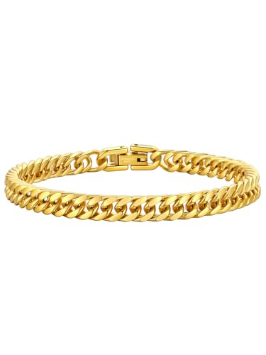 ChainsHouse Stainless Steel Cuban Link Bracelet, 8mm/12mm/17mm Width, 7.5"/8.3"/9", 18K Gold Plated Chain Wrist Bracelets for Men Women, Send Gift Box - color: M: Gold-6mm width