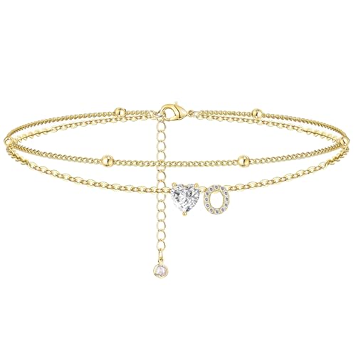 Ankle Bracelets for Women Waterproof 14K Gold Plated CZ Initial Anklet for Women Dainty Layered Letter Heart Ankle Bracelets Handmade Adjustable Foot Chain Anklet Summer Beach Jewelry - color: gold O