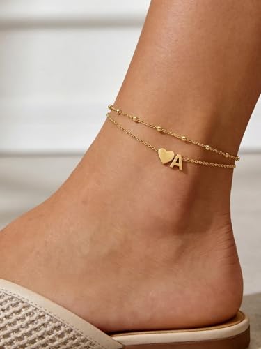 Silvora Ankle Bracelets for Women Waterproof 14K Gold/Silver/Black Initial Anklet for Women Dainty Layered Heart Ankle Bracelets Stainless Steel Adjustable Foot Chain Anklet Summer Beach Jewelry - color: A-Gold