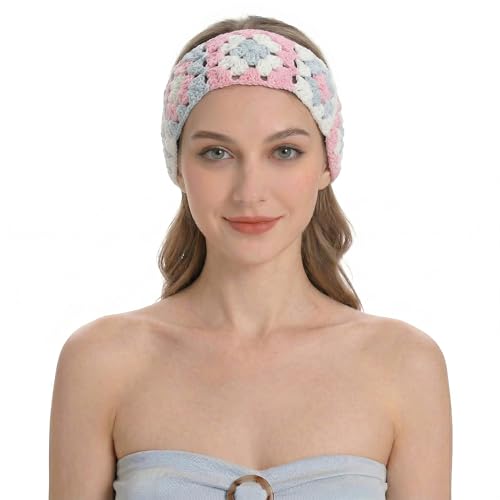 ZLYC Women Floral Headband Handmade Crochet Knit Vintage Hair Bands (Floral Pink) - color: Floral Pink