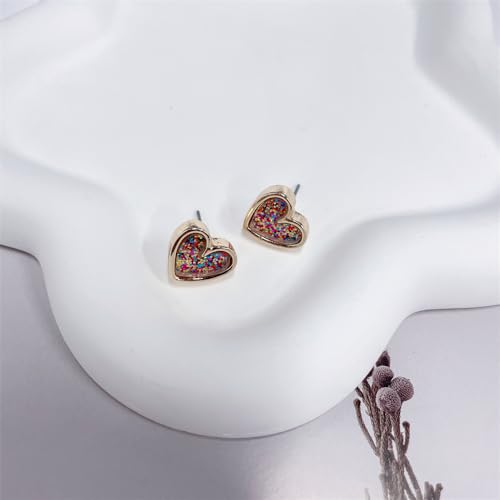 Cute Glitter Heart Love Small Stud Earrings for Women Dainty Gold-tone Colorful Hearted Shaped Studs Hypoallergenic Ears Fashion Jewelry Birthday for Her