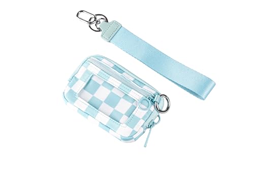 Wristlet Wallet for Women Mini Zip Card Case with Clear ID Window Zipper Coin Purse Lightweight Portable Keychain Wallet - color: Blue Lattice