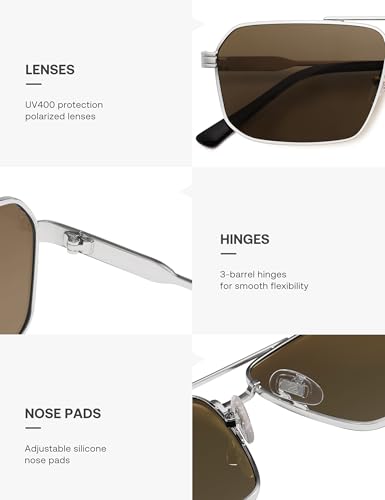 SOJOS Retro Polarized Square Sunglasses for Women Men Vintage Large Double Bridge UV Protection Metal Sun Glasses SJ1246 - color: Silver/Retro Brown