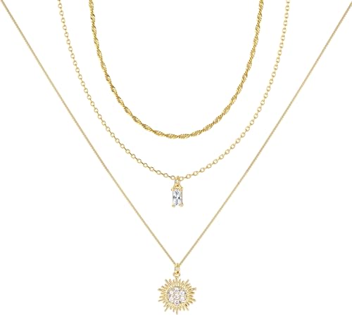 ORAZIO Gold Necklaces for Women,Layered Gold Necklace,14K Gold Plated Pendant Necklaces,Simple Choker Necklaces Set, Dainty Gold Chain Necklaces,Trendy Gold Stacked Jewelry Gifts for Women - color: 3Pcs/Wave & Box & CZ