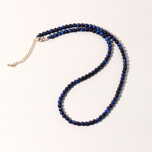 Simple Choker Necklace for Women Real Stone and Crystals Necklaces 4mm Beaded Choker Jewelry Meditation Gift for Women (16"+2") - style: Blue Tiger's Eye