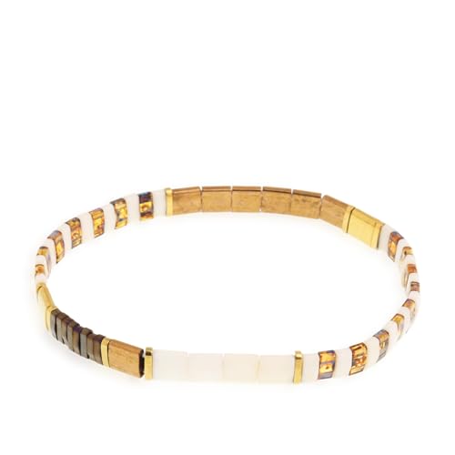 Sonateomber Tila Flat Beaded Stretch Bracelets for Women, Trendy Unique Colorful Square Beads Handmade Stack Bracelet Friendship Accessories Fashion Jewelry Gift - color: Brown Yellow
