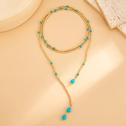 Statement Long Necklaces for Women Vintage Layered Beaded Long Chain Necklaces Boho Y Shaped Tassel Long Pearl Necklace Statement Bead Necklace Jewelry Gift for Women - style: Turquoise Beaded