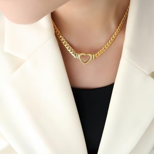 Heart Choker,Stainless Steel Necklace for Women,Chunky Heart Pendant, 40cm Length, 21.5g Weight - color: gold