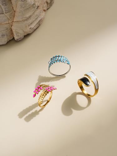 14K Gold Plated Adjustable Open Ring Dainty Cute Leaf Thumb Non Tarnish Gold Stackable Rings Vintage Unique Boho Western Turquoise Hypoallergenic Fashion Jewelry Gift - color: C
