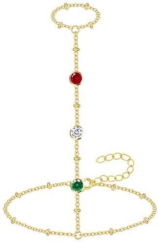 Poxtex Waterproof 14K Gold Plated Hand Chain Bracelet for Women, Non Tarnish Hypoallergenic Beaded Finger Ring Bracelet with Cubic Zirconia, Dainty Minimalist Boho Indian Style Stackable Wrist Body Jewelry for Summer Festival Vacation - color: Red/White/G