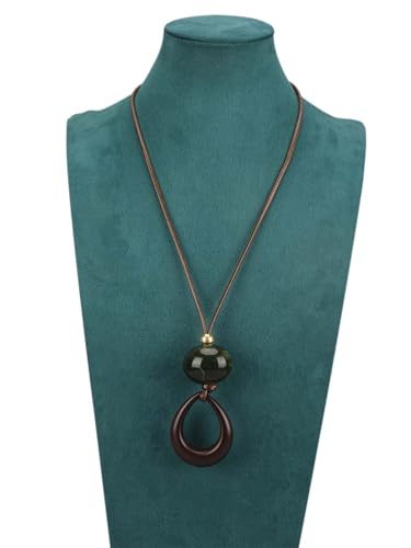 Kelake Leather Necklace for Women Men Teen Vinatge Boho Alloy Pendant Choker Jewelry Fashion Sweater Necklaces with Adjustable Genuine Leather Chain - color: Jade Bead Teardrop Wood Pendant