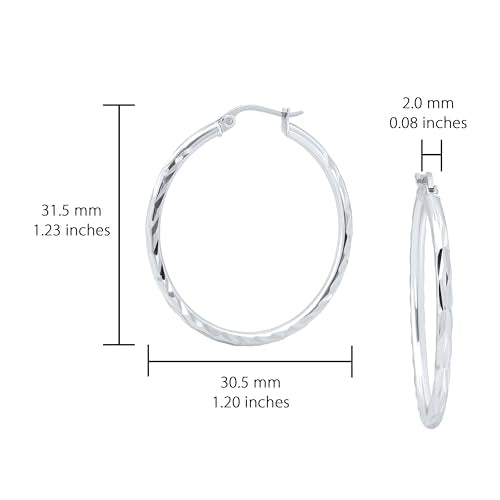 Hoops & Loops 925 Sterling Silver Diamond-Cut Hoop Earrings for Women, 2mm Textured Lightweight Click Top Hoops, 15mm 20mm 25mm 30mm, Silver 14k Yellow Gold & Rose Gold Flash Plated - color: Silver - 30mm (1.2'')