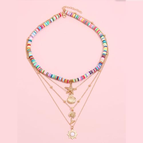 Shell Starfish Necklace for Women Pearl Beach Boho Layered Necklace Charm Accessories Summer Vacation Outfit 2026 - color: E:colorful beach necklace