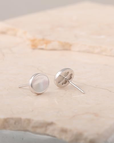 S.Leaf Gold Stud Earrings for Women Sterling Silver Gold plated Hypoallergenic Shell Mother of Pearl Post Earrings for Women Birthday Gifts - color: D02_Shell_7mm_Silver