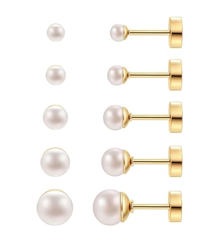 20G Hypoallergenic Surgical Steel Square Pearl Ball CZ Flat Back Stud Earrings for Sensitive Ear, Lightweight Shiny Earrings Studs for Helix Tragus Cartilage Multiple Piercing - color: Gold-F