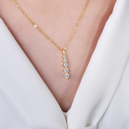 Moissanite Drop Pendant Necklace for Women, 0.92 CT 14K Gold Filled 5-Stone Round Pendant, Trendy Jewelry Gift for Wife Mother Birthday Anniversary Valentines Wedding - color: Gold