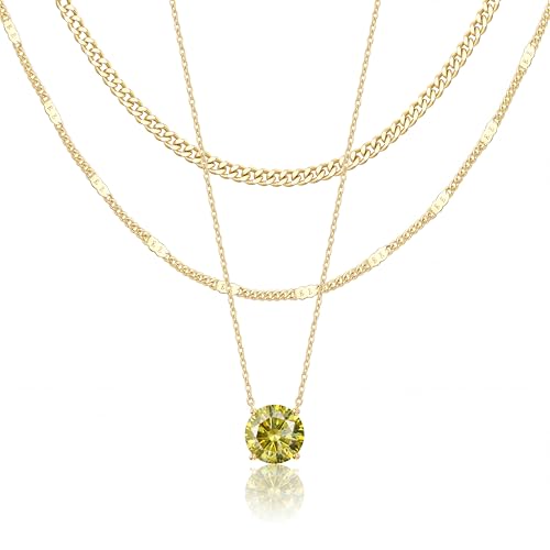 WomenGifts Layered Gold Necklaces for Women, 14K Gold Sterling Silver Plated Dainty Pendant Necklace Set Non Tarnish, Chunky Stackable Cuban Chain Choker, Trendy Birthstone Vacation Jewelry Gift - color: Gold, style: Cubic Zirconia-Created Peridot-Aug