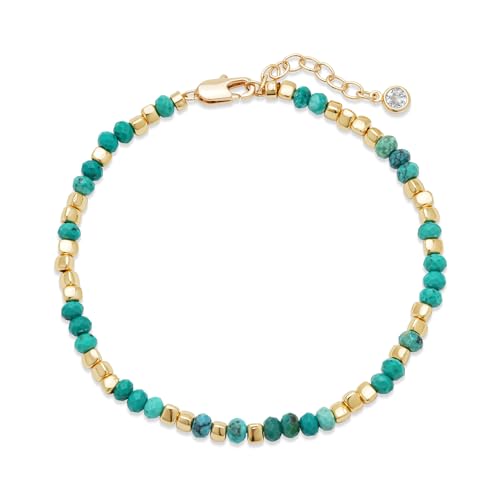 Fettero Beaded Bracelets for Women Charm Natural Stone Handmade Beads White Gold Plated Dainty Gold Bracelets Non Tarnish Boho Summer Beach Vacation Jewelry - color: Green Tur