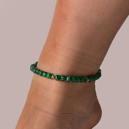 Softones 6mm Natural Stone Anklet for Women Gemstone Ankle Bracelets for Women Healing Energy Crystal Anklets Adjustable(8.5-10 Inches) - color: malachite