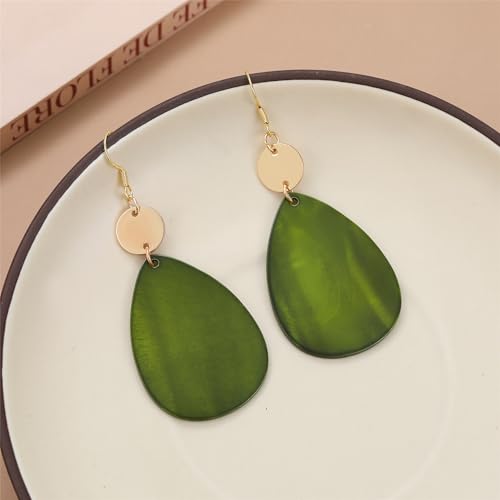 Elisheva Bohemian Lightweight Mother of Pearl Shell Drop Dangle Earrings for Women, Boho Chic Hippie Waterdrop Statement Jewelry Gift - color: olive green