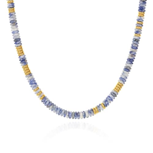 KissYan Boho Beaded Choker Necklace for Women, Gemstone Choker Natural Stone Freshwater Pearl Surfer Necklaces 14K Gold Plated Summer Beach Handmade Jewelry - color: S-Dark Blue