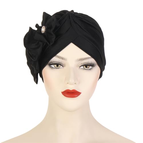 Flower Turban Hats for Women - Ruffle Bead Stretch Solid Caps Chemo Cancer Pre Tied Headscarf Headwear - color: Black