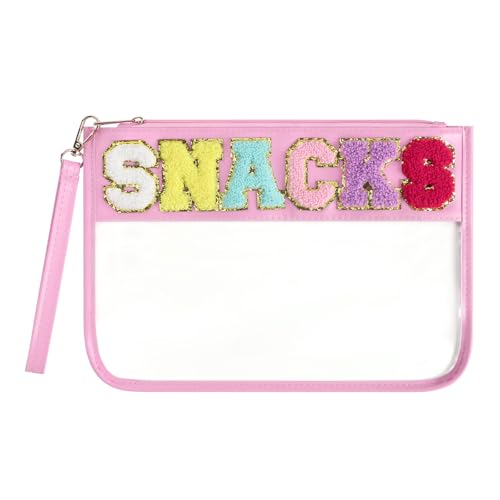 Clear Snack Bag for Travel, Chenille Letter Clear Zipper Snacks Pouch Nylon Cosmetic Bag Makeup Travel Bag for Women - color: Pink