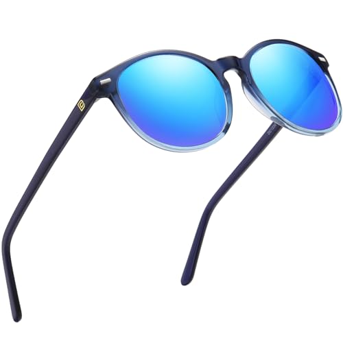 DUCO Women's Trendy Retro Round Acetate Polarized Sunglasses, UV400 99% Glare Block, Lightweight for Daily & Outdoor - color: Catalina Blue Frame Revo Blue Mirror
