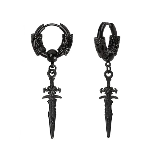 Sonateomber Gothic Silver Black Small Hoop Earrings for Women Men, Punk Hip Hop Engrave Beaded Goth Dangle Drop Earings Halloween Costumes Accessories Prom Fashion Jewelry Gift - color: Black Sword