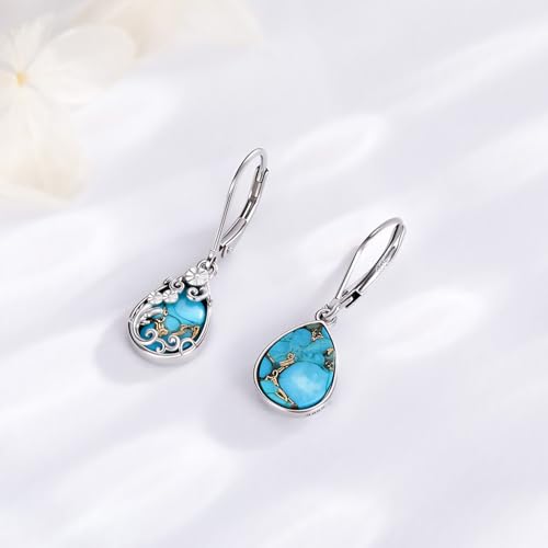 Natural Turquoise Earrings for Women Dangling 925 Sterling Silver Dangle Earrings Western Jewelry Christmas Gift for Sister Mother - style: D-Floral Earrings