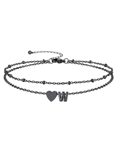 Silvora Ankle Bracelets for Women Waterproof 14K Gold/Silver/Black Initial Anklet for Women Dainty Layered Heart Ankle Bracelets Stainless Steel Adjustable Foot Chain Anklet Summer Beach Jewelry - color: Black-Stainless Steel, size: 23.W