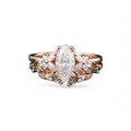 Vintage Marquise Moissanite Bridal Set Moss Agate Wedding Band, Rose Gold Leaf Cluster Shank Engagement Ring Set, Nature-Inspired Gift for Women, Bridal Jewelry