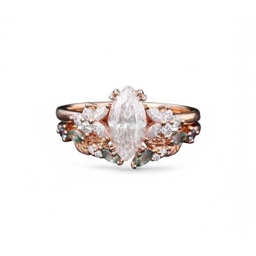 Vintage Marquise Moissanite Bridal Set Moss Agate Wedding Band, Rose Gold Leaf Cluster Shank Engagement Ring Set, Nature-Inspired Gift for Women, Bridal Jewelry