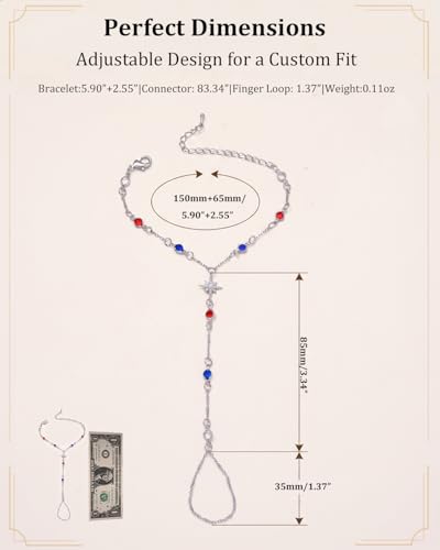 Silver Gold Ring Hand Chain Bracelet for Women non Tarnish Star Dainty Bracelets Hand Chain Ring Stackable Chains Bracelet - color: red&blue