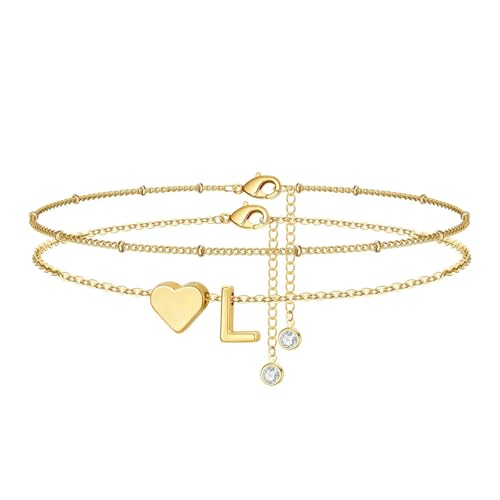 M MOOHAM Gold Initial Ankle Bracelets for Women - Layered Heart Letter A-Z Initial Dainty Gold Anklets for Women Waterproof, Womens Anklets Jewelry Birthday Gifts Jewelry - color: L