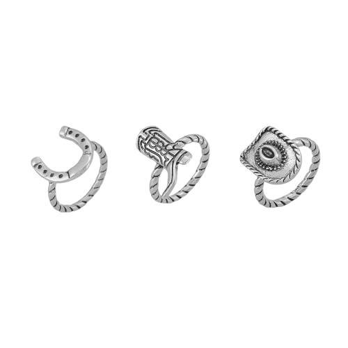 NewZenro 3PCS Western Cowboy Stacking Rings Set for Women Men Vintage Boho Cowgirl Hat Boot Horseshoe Stackable Statement Finger Band Rings Comfort Fit Country Concert Party Holiday Jewelry Size 7 - color: Silver