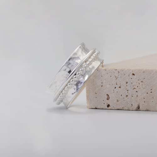 925 Sterling Silver Anxiety Ring with Beads Fidget Spinning Rings for Women Worry Beads Rings - color: hammered design C