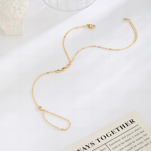 Rotnso Hand Chain Bracelet for Women Dainty 14K Gold/Silver Plated Ring Chain Diamond Cubic Zirconia CZ Beaded Station Bracelet Trendy Simple Fashion Body Jewelry Waterproof Gifts for Her - style: 4 CZ-GD